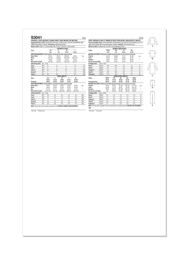 Simplicity S3041 - CHILDREN'S, TEENS' AND ADULTS' LOUNGE SHORTS, PANTS AND KNIT TOP AND TUNIC