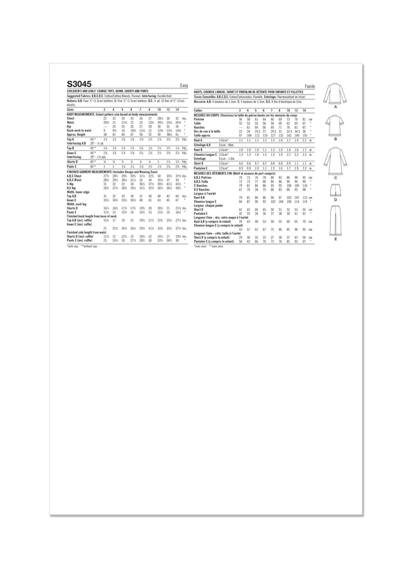 Simplicity S3045 - CHILDREN'S AND GIRLS' LOUNGE TOPS, GOWN, SHORTS AND PANTS