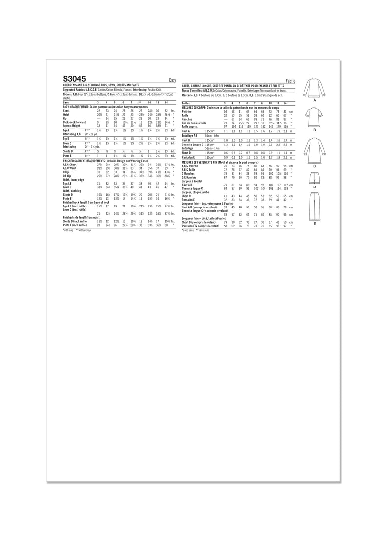 Simplicity S3045 - CHILDREN'S AND GIRLS' LOUNGE TOPS, GOWN, SHORTS AND PANTS