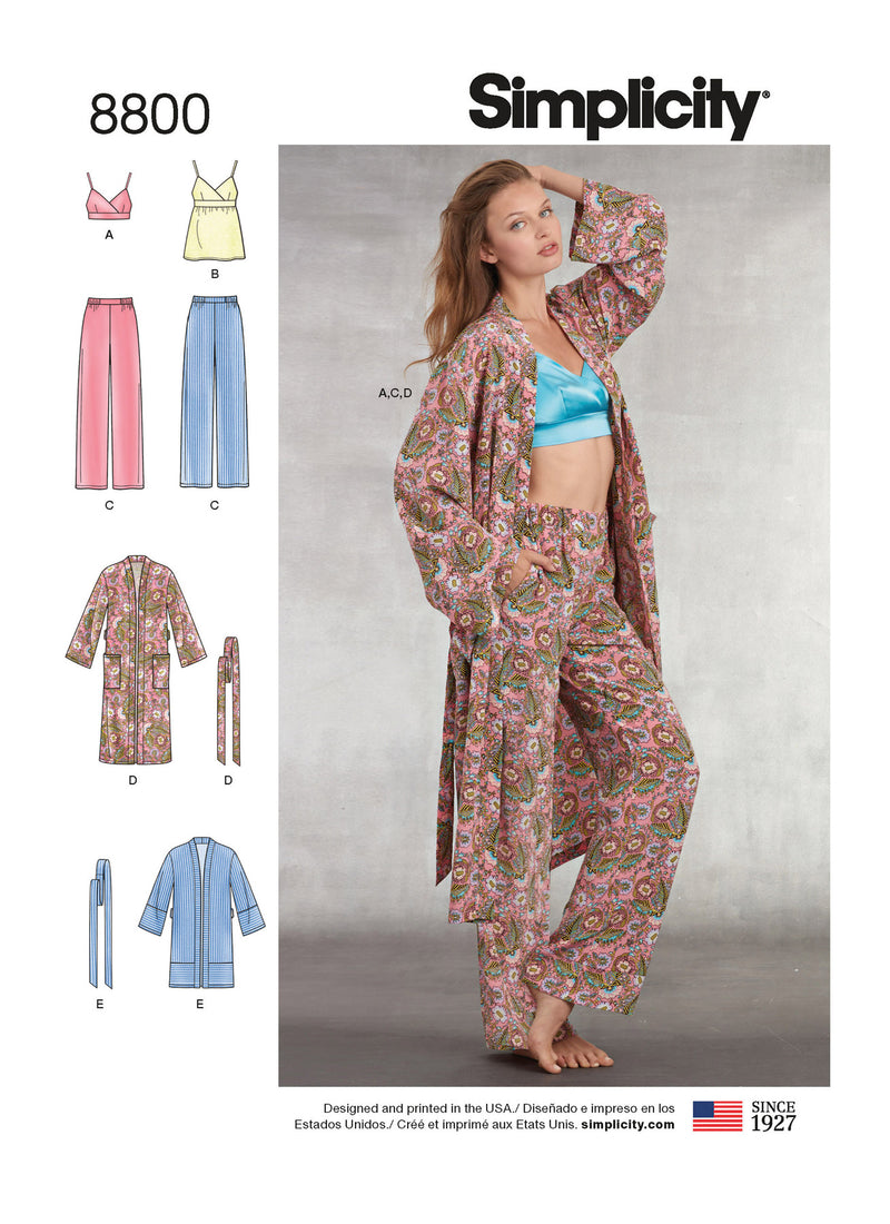 Simplicity S8800 Misses' Robe, Pants, Top and Bralette (XS-XS-S-M-L-XL)