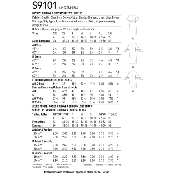 Simplicity S9101 Robes Pull pour Dames en Deux Longueurs (XXS-XS-S-M-L-XL-XXL)