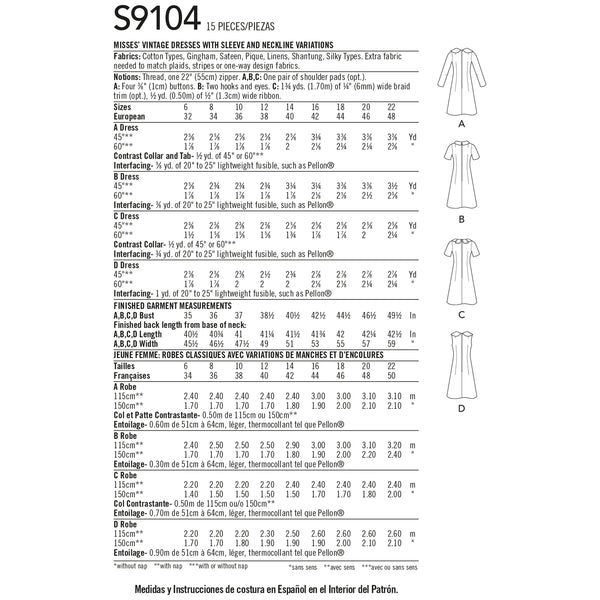 Simplicity S9104 Misses' Vintage Dresses with Sleeve & Neckline Variation