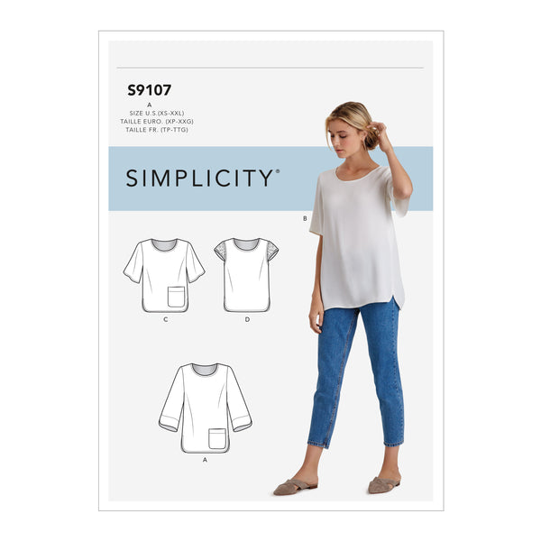 Simplicity S9107 Misses' Tops with Sleeve & Length Variation (XS-S-M-L-XL-XXL)