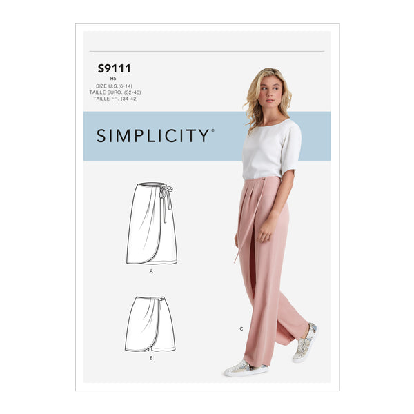 Simplicity S9111 Misses' Faux Wrap Pants, Skirt & Shorts