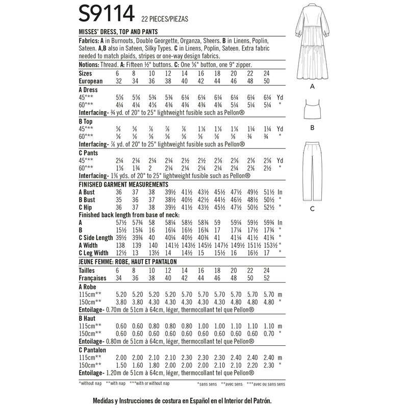Simplicity S9114 Robe, Haut et Pantalon pour Dames par Mimi G Style