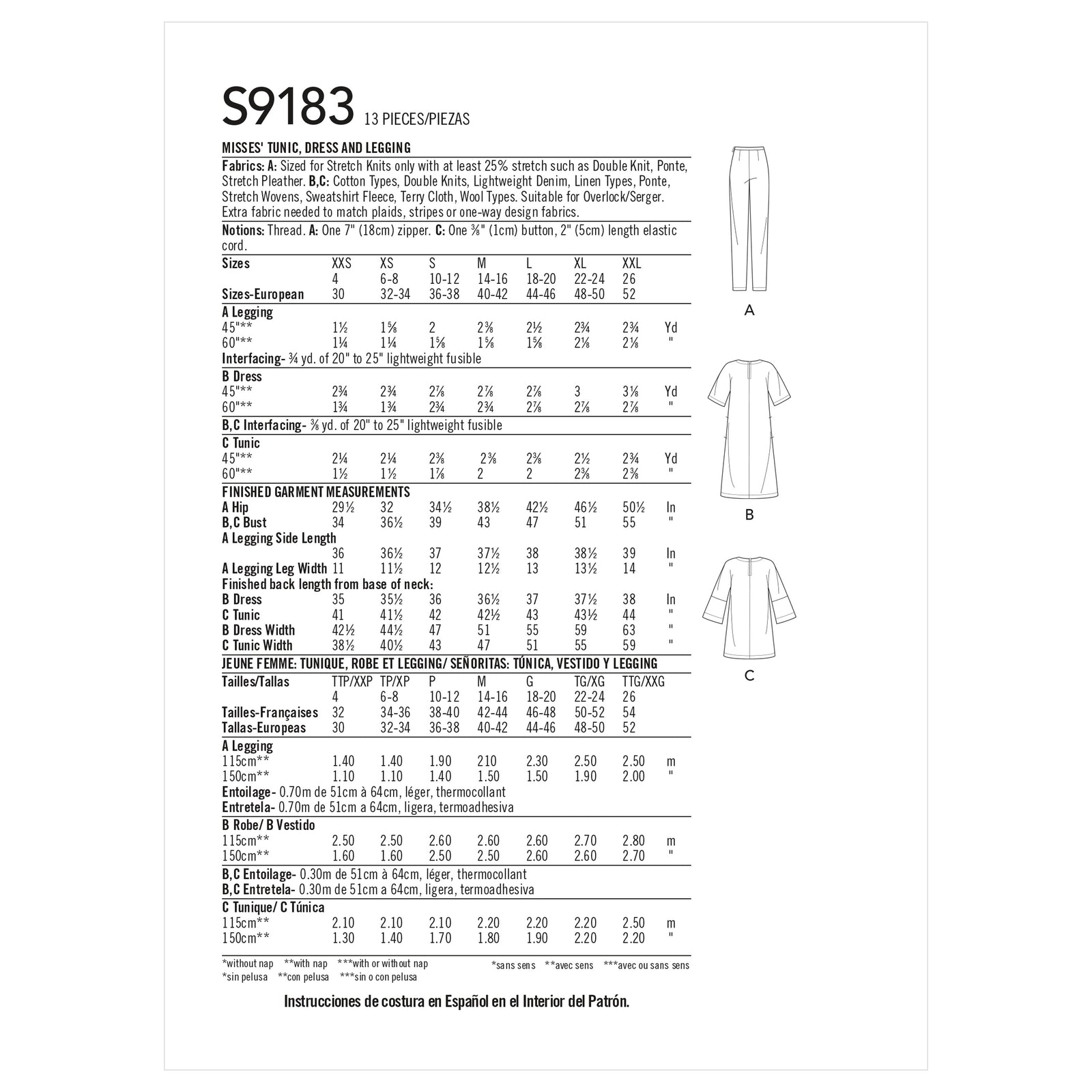 simplicity misses knit dress and shrugs-xxs-xs-s-m-l-xl-xxl -ss9372a S9183 Misses' Tunic, Top, & Legging (XXS-XS-S-M-L-XL- – Fabricville 44 Regular - 38 Waist