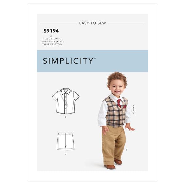 Simplicity S9194 Infants' Vest, Shirt, Shorts, Pants, Tie & Pocket Square  (XXS-XS-S-M-L)