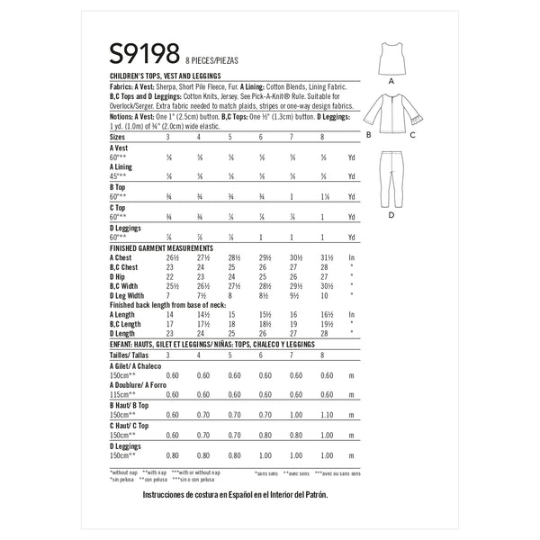 Simplicity S9198 Children's Tops, Vest & Leggings (3-4-5-6-7-8)