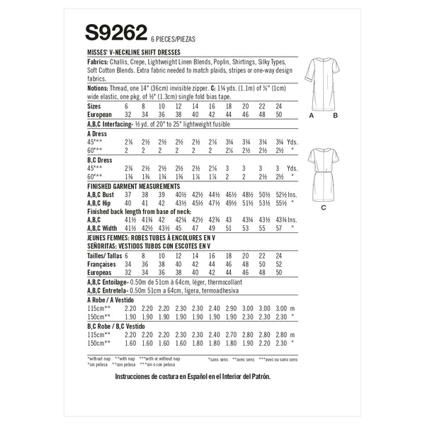 Simplicity S9262 Misses' V-neckline Shift Dresses