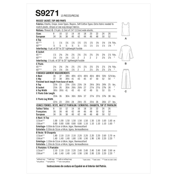 Simplicity S9271 Misses' Jacket, Top & Pants