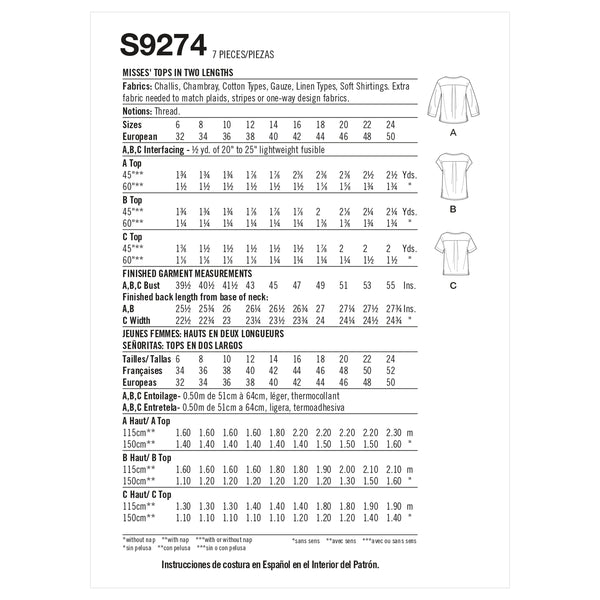 Simplicity S9274 Misses' Tops In Two Lengths