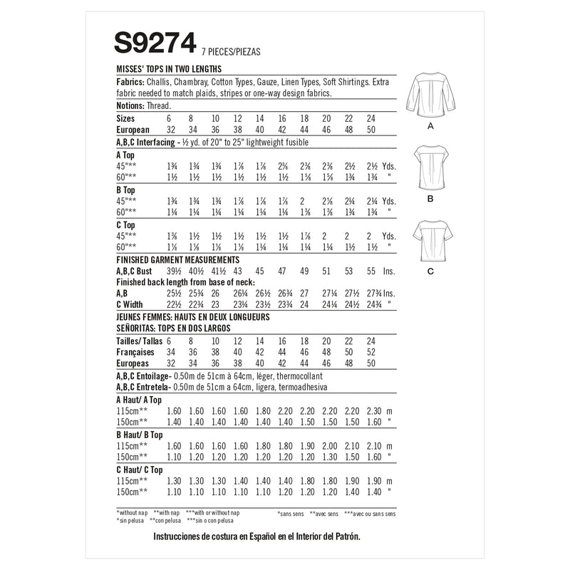 Simplicity S9274 Misses' Tops In Two Lengths