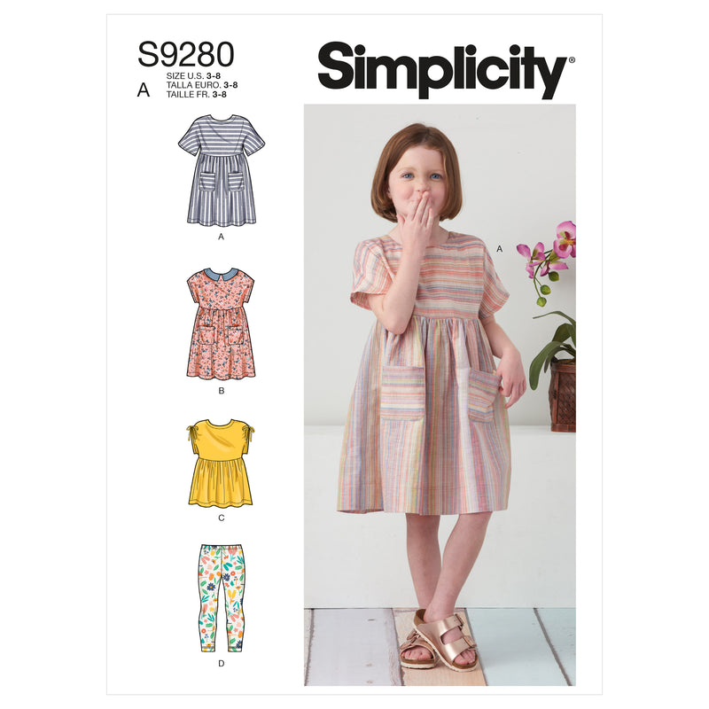 Simplicity S9280 Children's Dresses, Top & Leggings (XS-S-M-L-XL