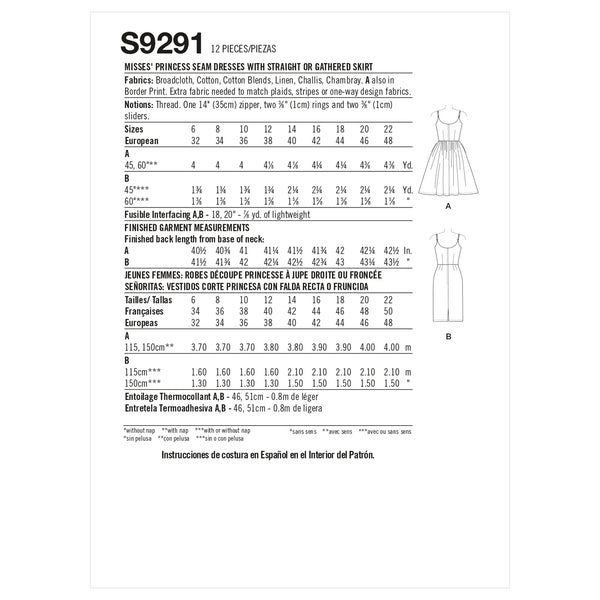 Simplicity S9291 Robes Princesse pour Dames avec Jupe Droite ou Évasée