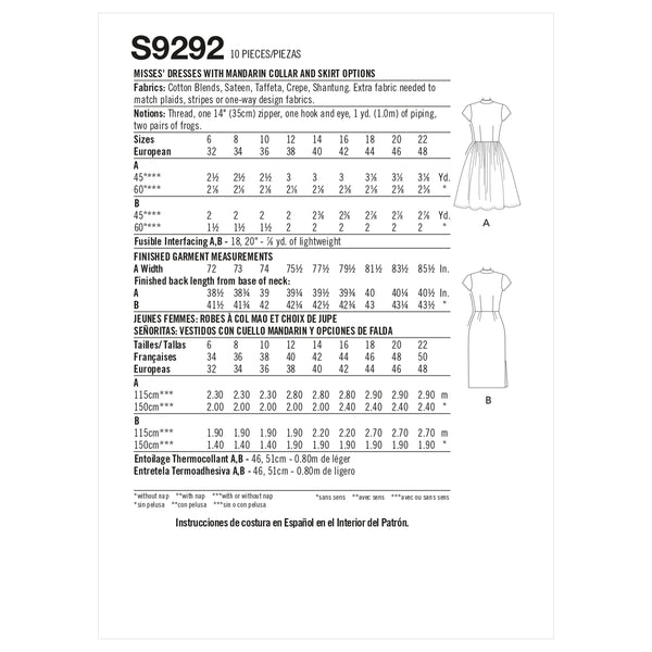 Simplicity S9292 Misses' Dresses with Mandarin Collar & Skirt Options
