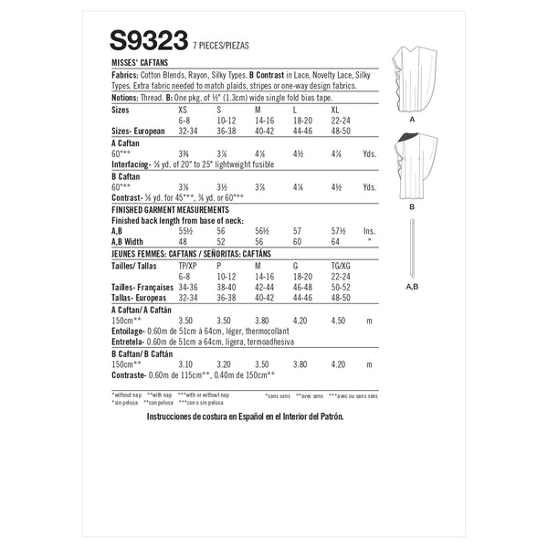 Simplicity S9323 Caftans pour Dames (XS-S-M-L-XL)