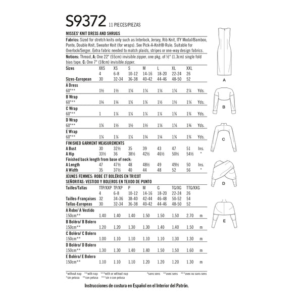 Simplicity S9372 Misses' Knit Dress and Shrugs (XXS-XS-S-M-L-XL-XXL)