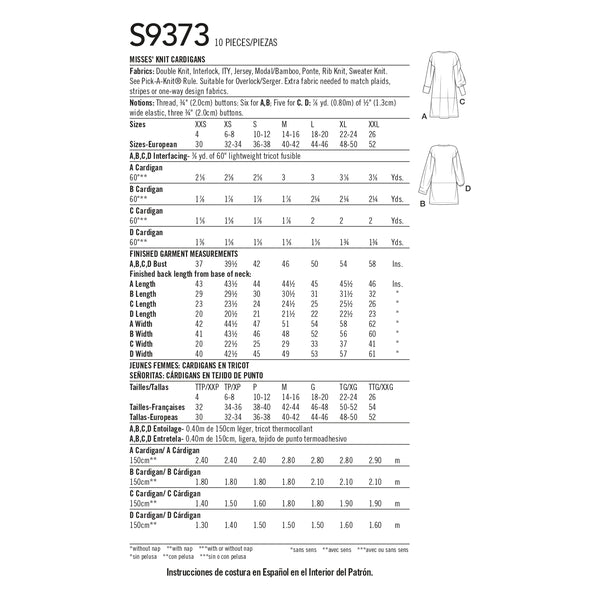 Simplicity S9373 Misses' Knit Cardigans (XXS-XS-S-M-L-XL-XXL)