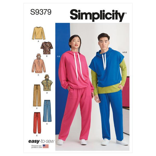 Simplicity S9379 Unisex Oversized Knit Hoodies, Pants and Tees  (XS-S-M-L-XL-XXL)