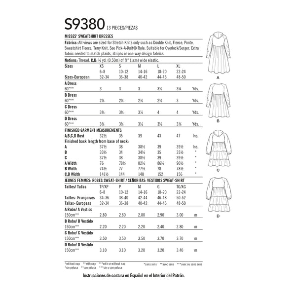 Simplicity S9380 Misses' Sweatshirt Dresses  (XS-S-M-L-XL)