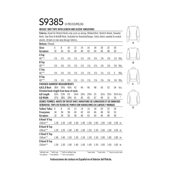 Simplicity S9385 Hauts Tricotés avec Variations de Longueur et de Manche pour Dames