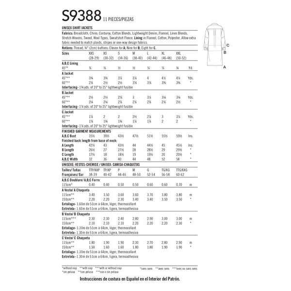 Simplicity S9388 Unisex Shirt Jackets (XXS-XS-S-M-L-XL-XXL)