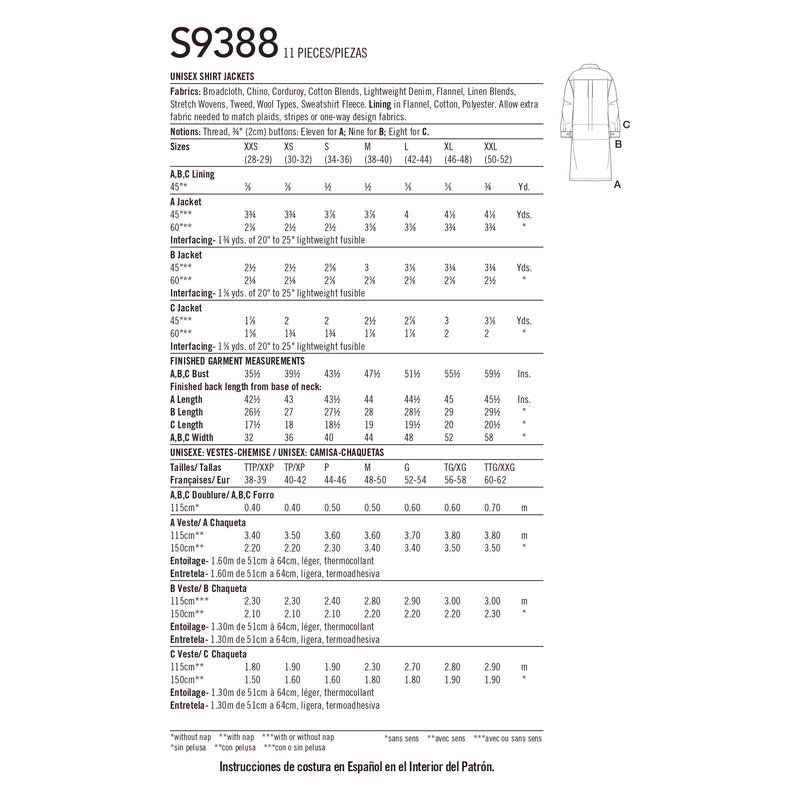 Simplicity S9388 Vestes Chemises Unisexes (XXS-XS-S-M-L-XL-XXL)