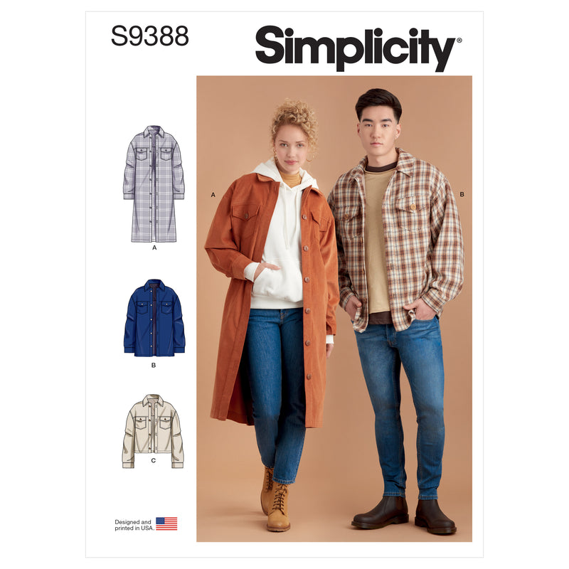 Simplicity S9388 Vestes Chemises Unisexes (XXS-XS-S-M-L-XL-XXL)
