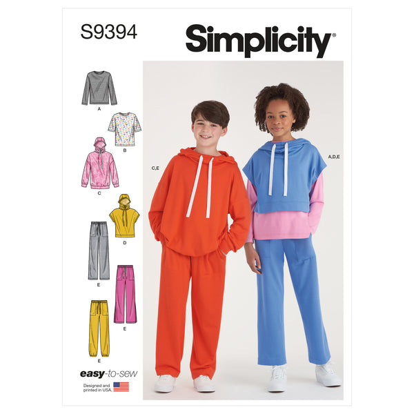 Simplicity S9394 Boys' & Girls' Oversized Knit Hoodies, Pants and Tops (XS-S-M-L-XL)