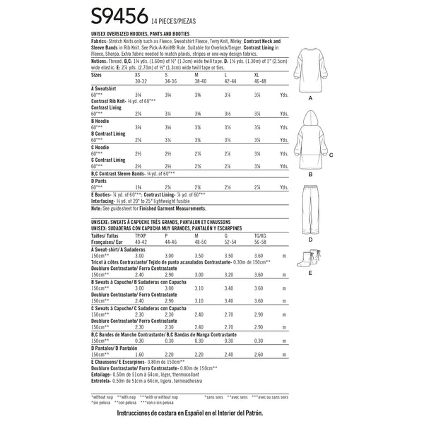Simplicity S9456 Hoodies Surdimensionnés Unisexes, Pantalons et Bottines (XS-S-M-L-XL)
