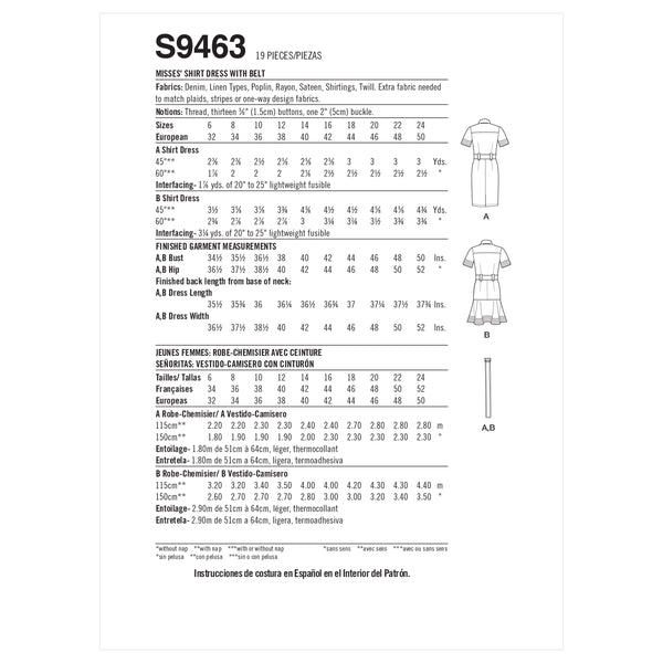 Simplicity S9463 Robe Chemisier avec Ceinture pour Dames