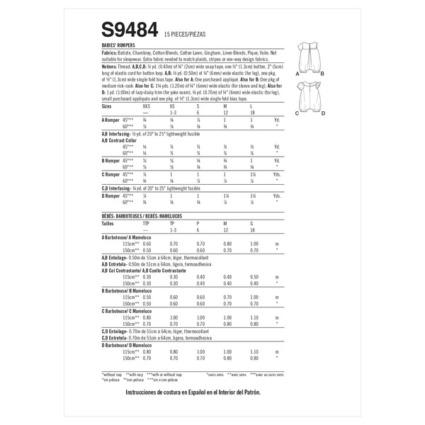 Simplicity S9484 Barboteuses pour Bébés (XXS-S-M-L)
