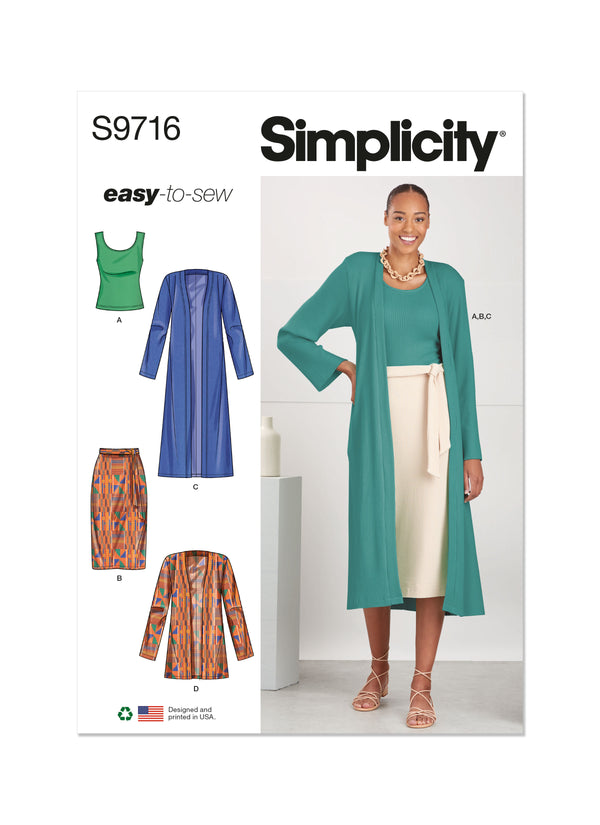 Simplicity S9716 Misses' Knit Top, Cardigan and Skirt