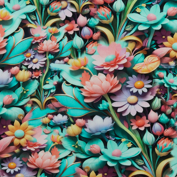 Digital Printed Cotton - TECHNOFLOWER - 004 - Aqua