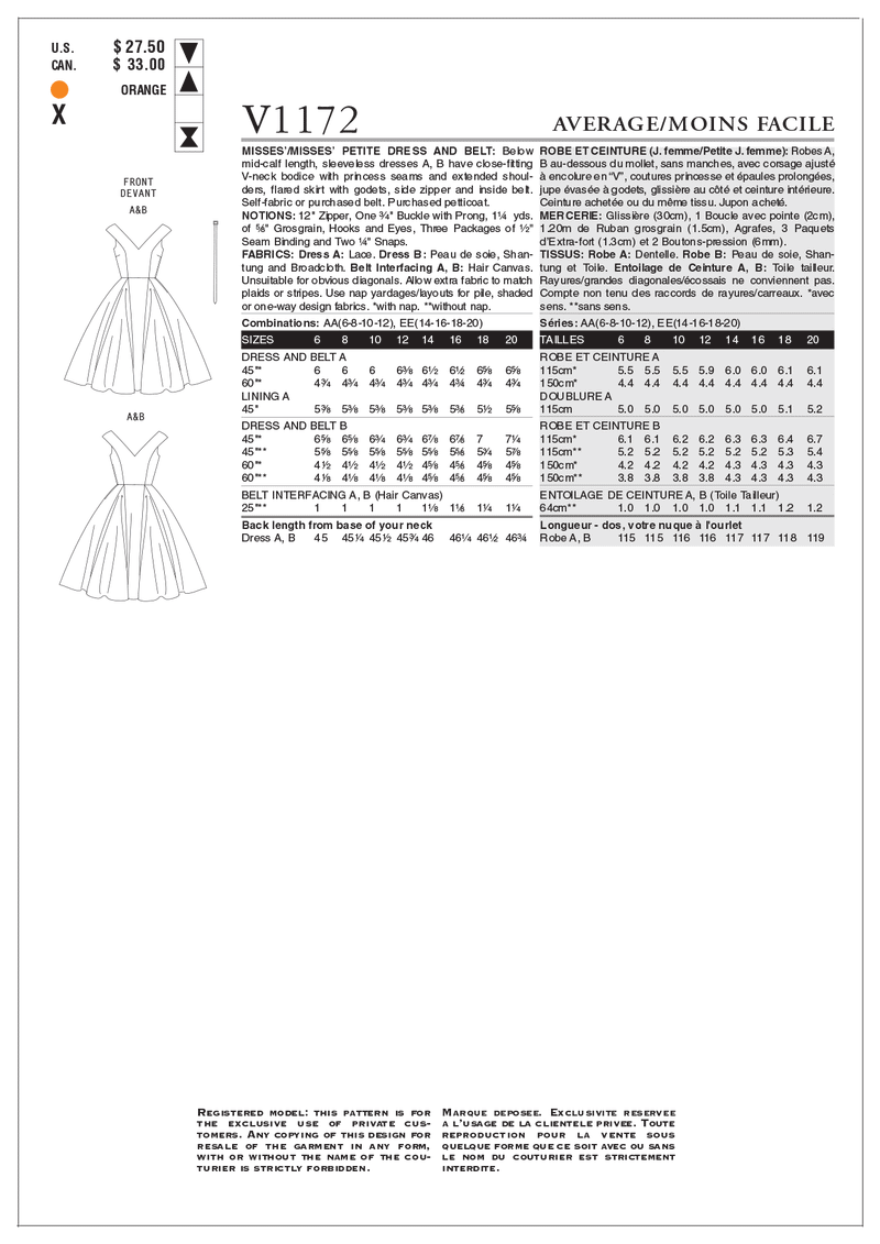 V1172 Robe et ceinture - J. femmes et petites j. femmes (Grandeur : 6-8-10-12)