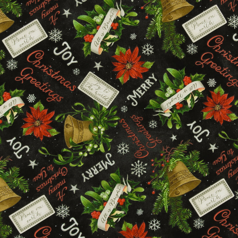 Blank - Printed Cotton - BE MERRY & SHINE BRIGHT - 006 - Black