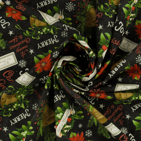 Blank - Printed Cotton - BE MERRY & SHINE BRIGHT - 006 - Black