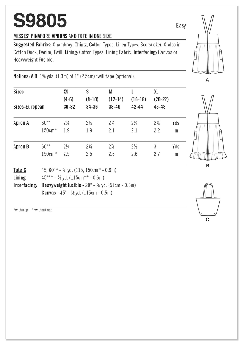 SIMPLICITY - S9805 Misses' Pinafore Aprons and Tote in One Size by Elaine Heigl Designs