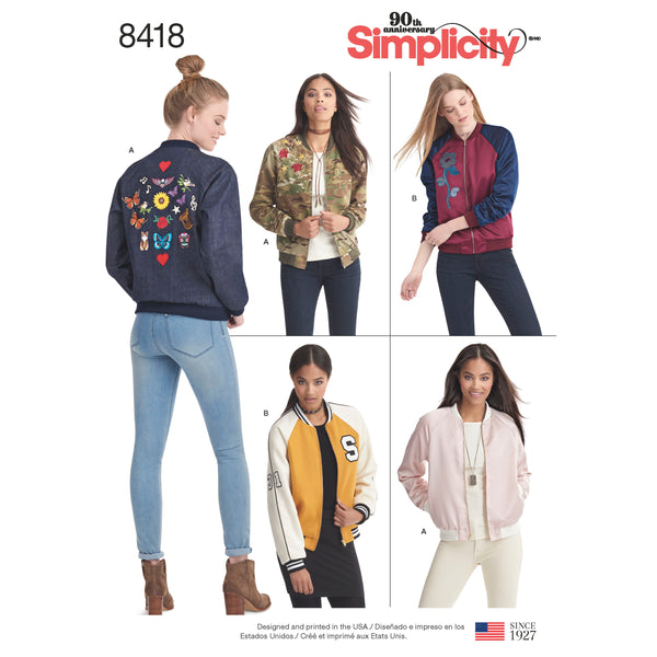 Simplicity S8418 Misses' Lined Bomber Jacket with Fabric and Trim Variations