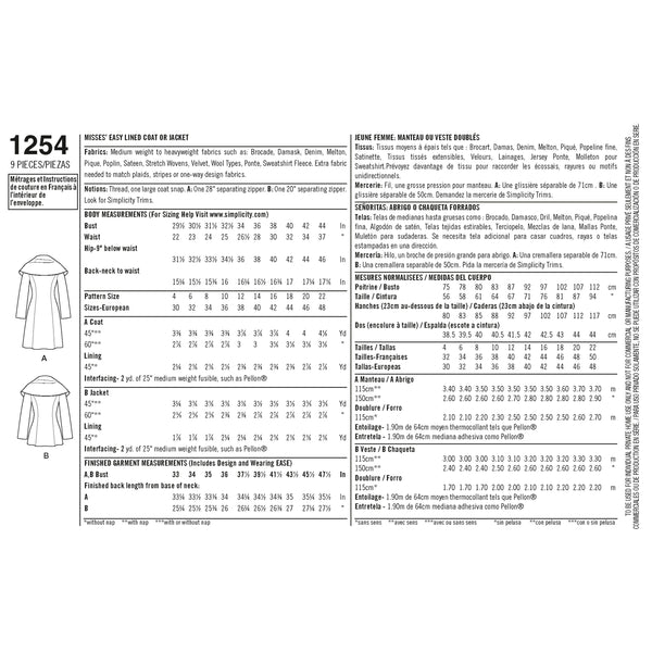 Simplicity S1254 Manteau ou Veste Doublé Facile de Leanne Marshall pour Dames