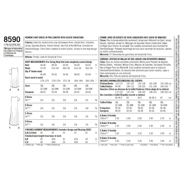 Simplicity S8590 Robes Tricotées pour Femmes (1XL-2XL-3XL-4XL-5XL)