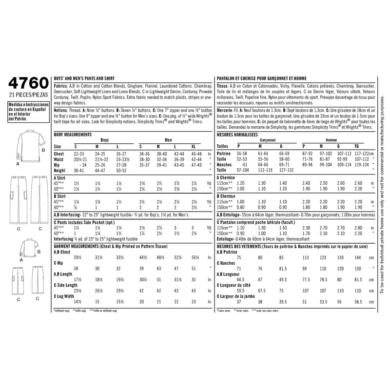 Simplicity S4760 Chemises et Pantalons pour Garçons et Hommes (S-M-L / S-M-L-XL)