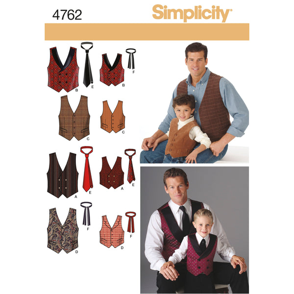 Simplicity S4762 Boys' & Men's Vests and Ties (S-M-L / S-M-L-XL)