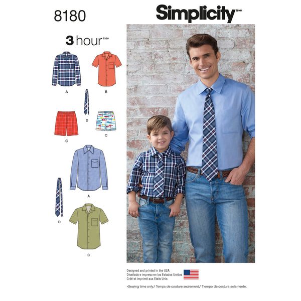 Simplicity S8180 Boys' & Men's Shirt, Boxer Shorts and Tie (S-M-L / S-M-L-XL)