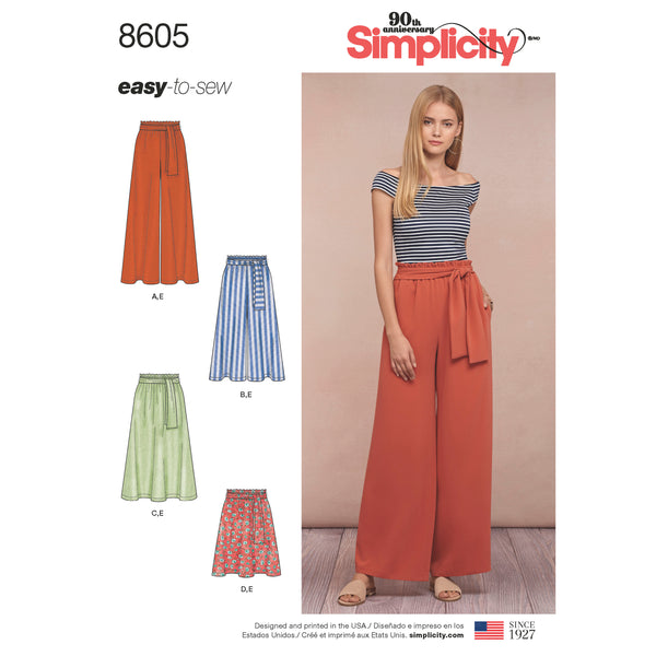 Simplicity S8605 Misses' Pull-On Skirt and Pants (XS-XS-S-M-L-XL)