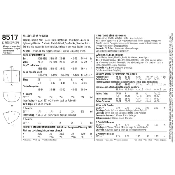 Simplicity S8517 Misses' Set of Ponchos (XS-XS-S-M-L-XL)