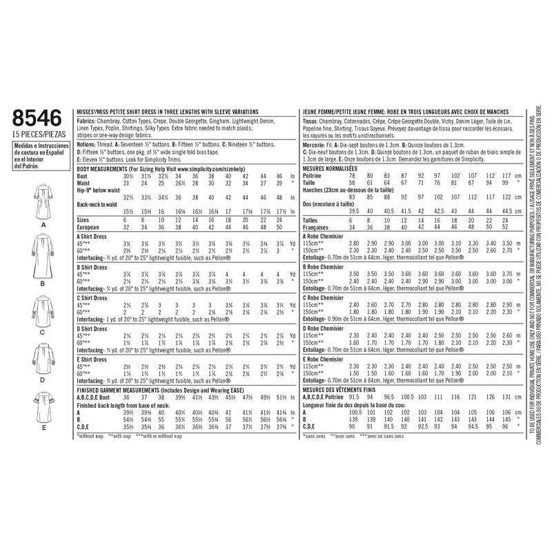 Simplicity S8546 Robe Chemisier pour Dames et Demoiselles