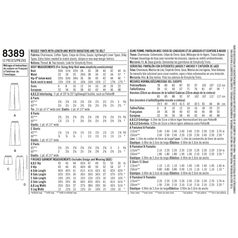 Simplicity S8389 Misses' Pants with Length and Width Variations and Tie Belt