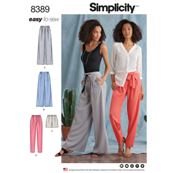 Simplicity S8389 Misses' Pants with Length and Width Variations and Tie Belt