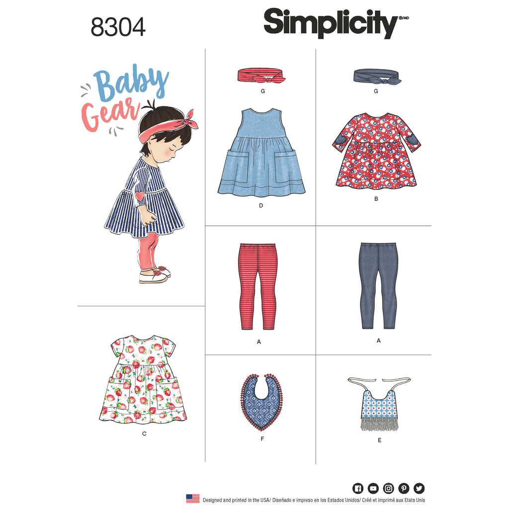 Simplicity S8304 Babies' Leggings, Top, Dress, Bibs and Headband
